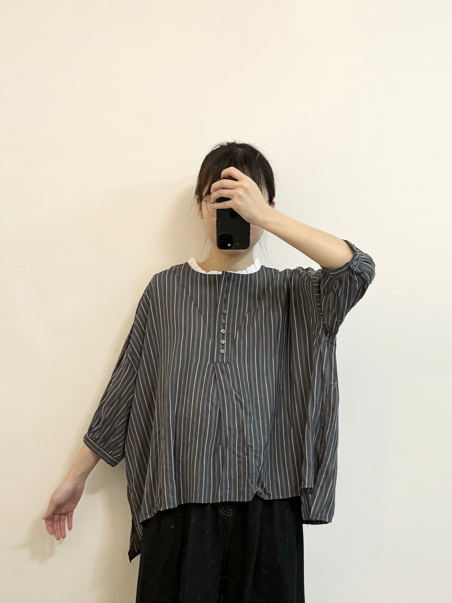 Linen Open Collar 3/4 Sleeve Shirt