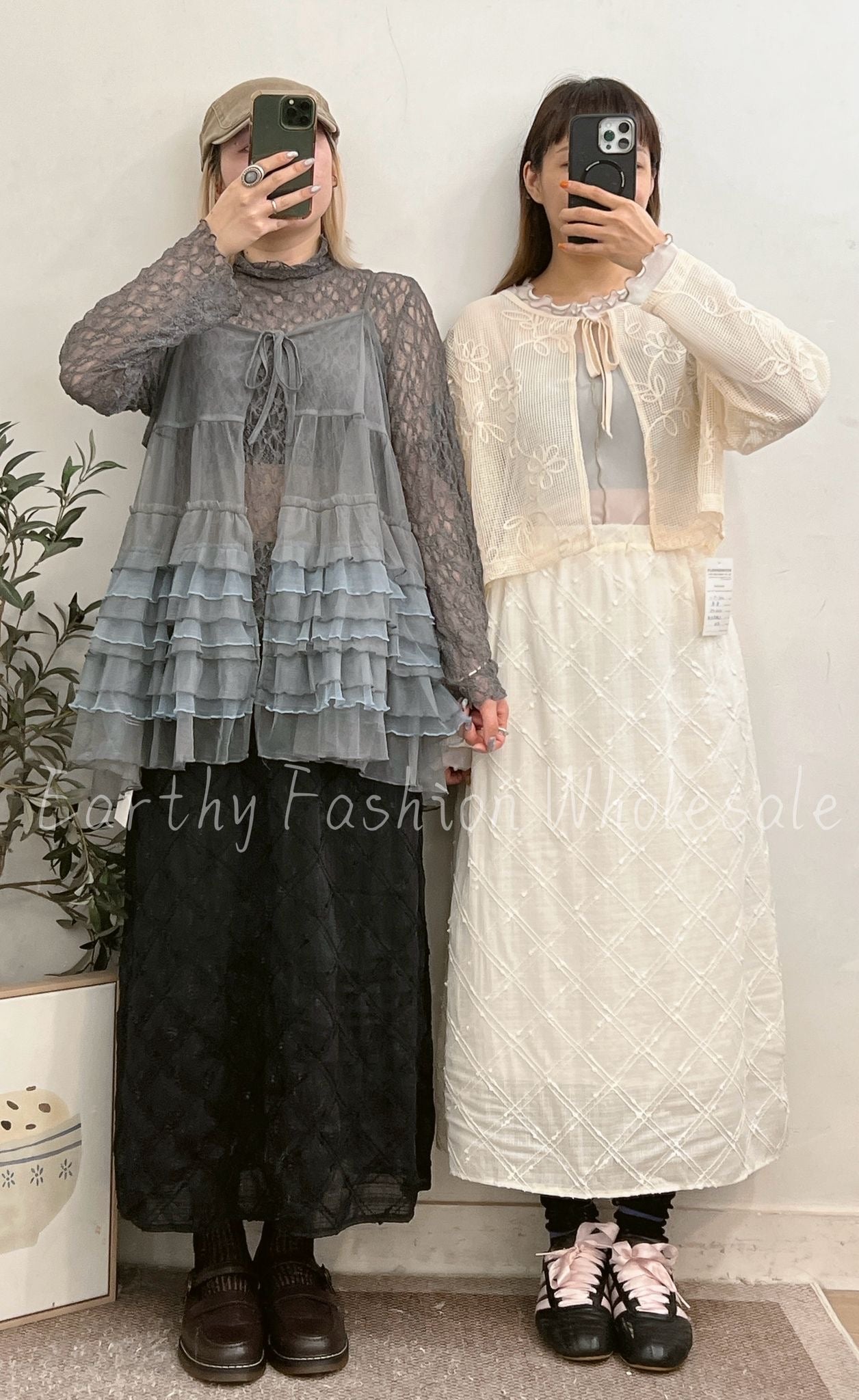 立體菱格側叉半裙 | E21915