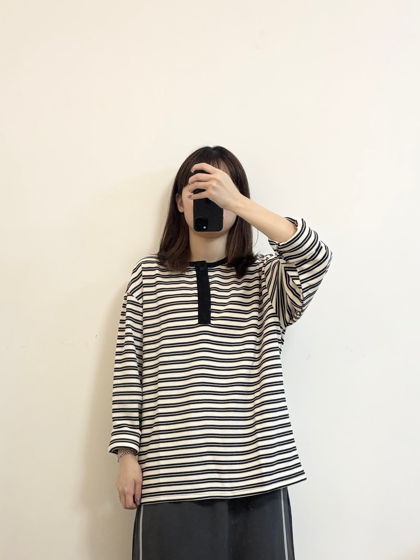 亨利領條子OVERSIZE TEE