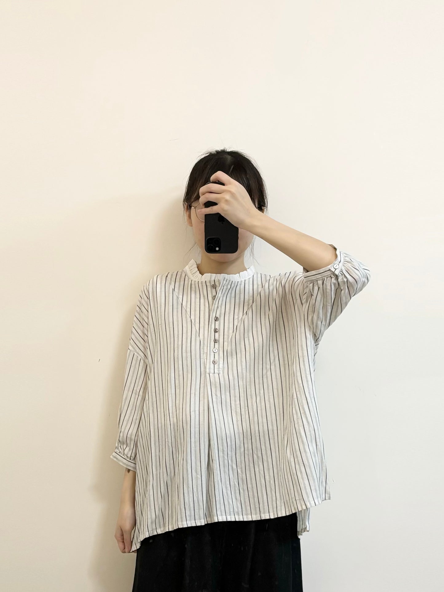 Linen Open Collar 3/4 Sleeve Shirt