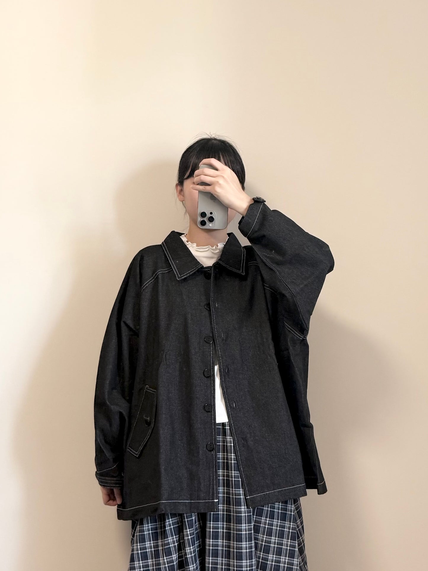 寬版明線牛仔外套 | E22093